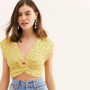 Free People linen blend heart geometric print ring front crop top smock elastic